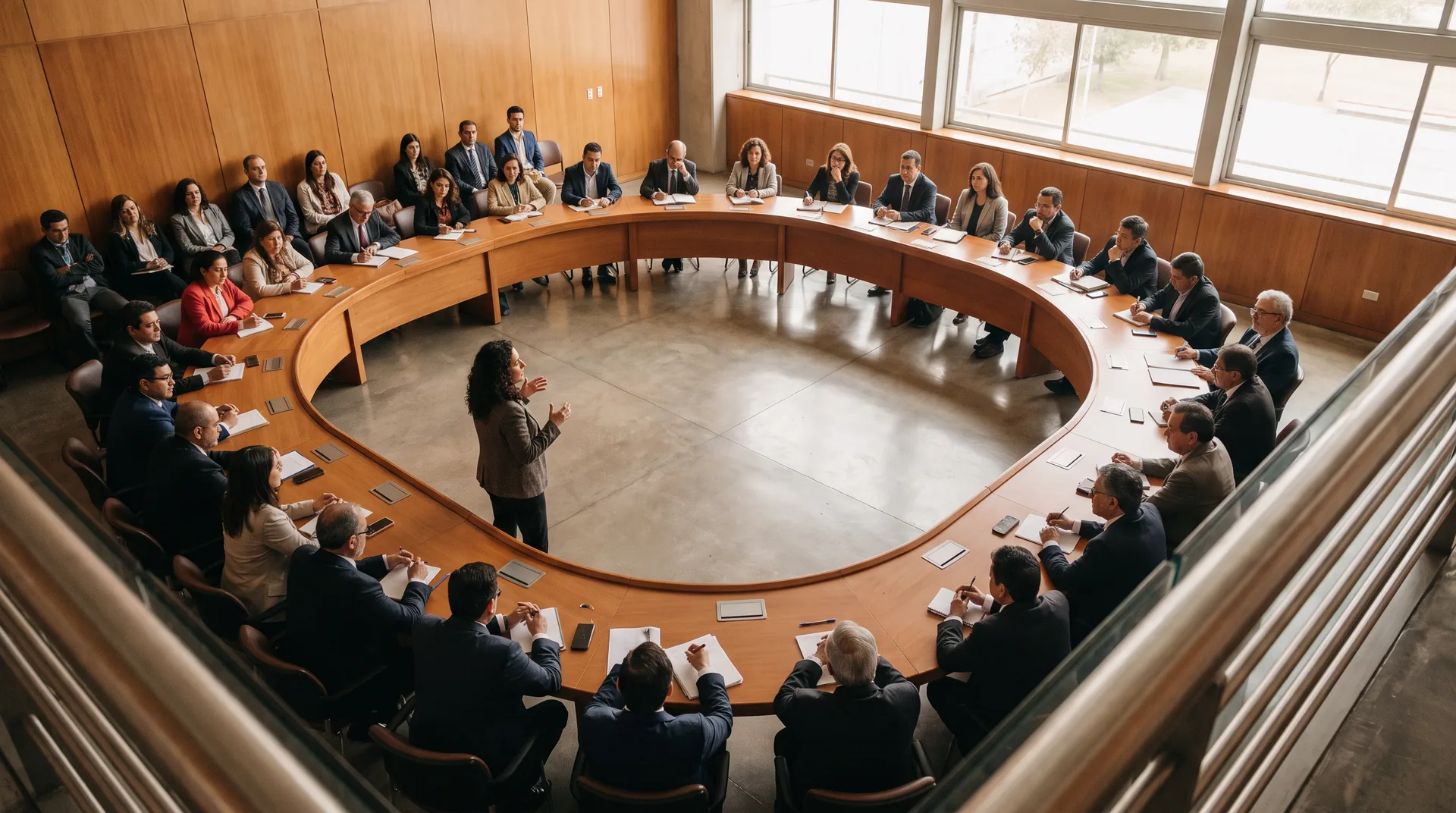 Seminario de liderazgo público en sesión: participantes sentados en una mesa en herradura escuchan a una expositora